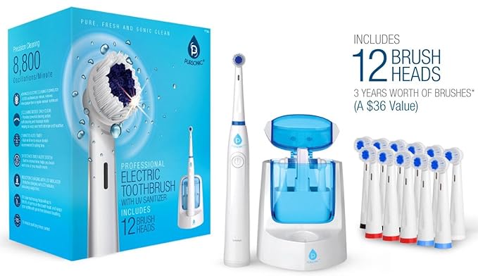 Pursonic RET200 Power Rechargeable Electric Toothbrush With UV Sanitizing Function 12 Brush Heads Included