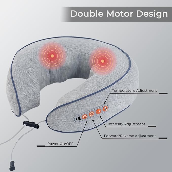 Neck Massager with Heat - Deep Tissue Neck Pain Relief U-Shape Design Electric Cordless Massager Pillow for Travel Office Shiatsu Neck Massager with Double Motor Gifts for Men Women Grey