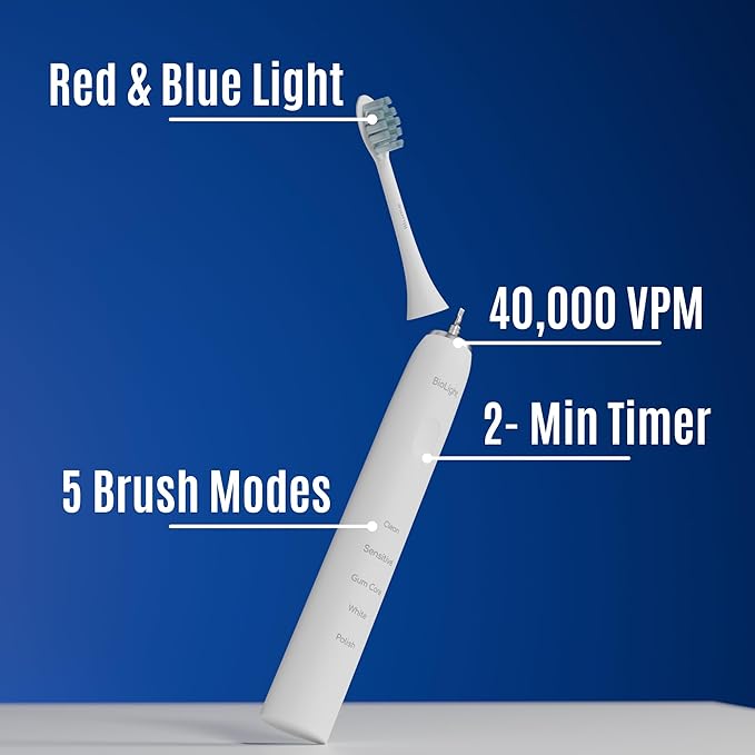 BIOLIGHT Illume Sonic Electric Toothbrush with Red &amp Blue Light Therapy – Professional Whitening Gum Care &amp Advanced Oral Hygiene - White