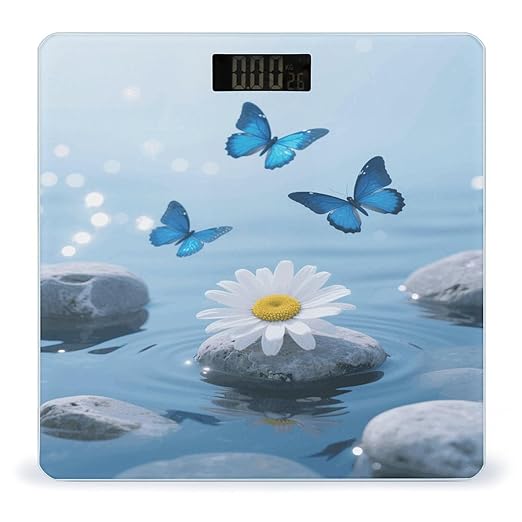 Flower and Butterfly Zen Stone Weight Scale Cute Bathroom Scale for Body Highly Accurate Digital Weighing Machine for People Compact LCD Display Scales with Sturdy Toughened Glass Scales