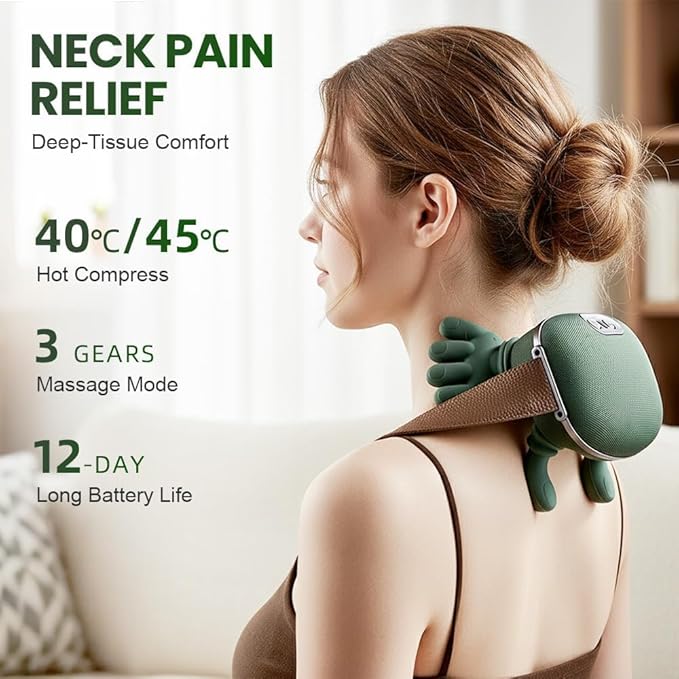 1PC Neck Massager with Heat - Neck and Back Shiatsu Massager for Relieve Fatigue Deep Tissue Portable Neck and Shoulder Massager for Home and Travel Green