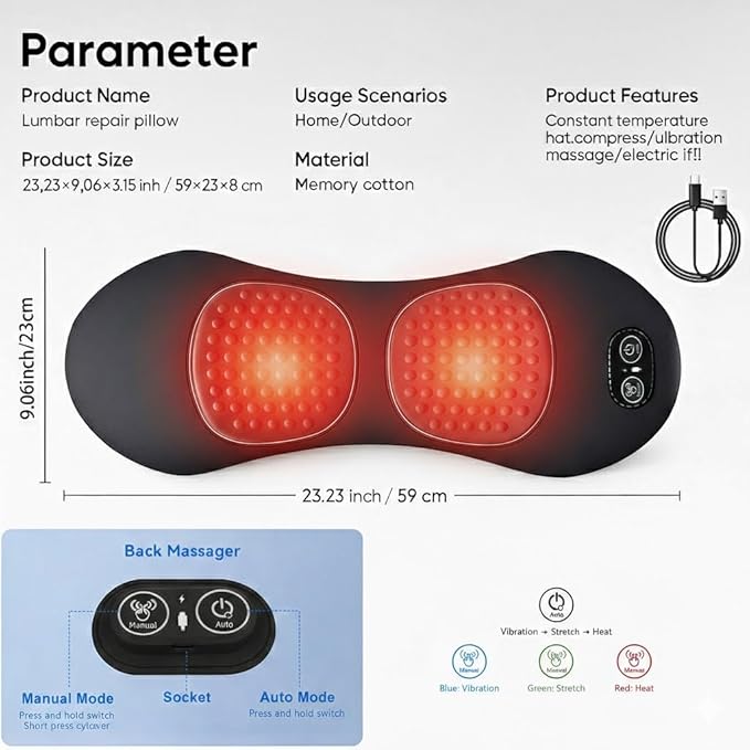3 in 1 Back Massager for Spine and Lower Back Electric Lumbar Massager with Heat Spine Massage Pillow with Traction Support for Home and Office Comfort (Grey)