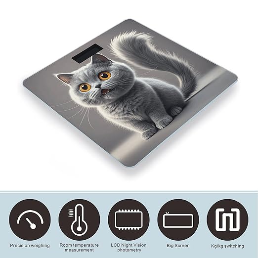 Cute Funny Grey Cats Pattern Digital Bathroom Scale for Body Weight Weighing Scale with Backlit LCD Display High Precision Measurements &amp Measures Weight Up to 180kg