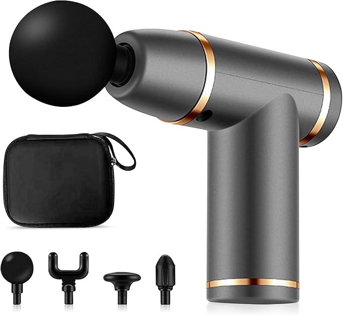 Ergocar Powerful Muscle Massage Gun Deep Tissue 6 Speeds Handheld Electric Body Massager with 4 Heads Super Quiet Fashion for Athletes Sedentary Office WorkerButton Style-Grey Gold