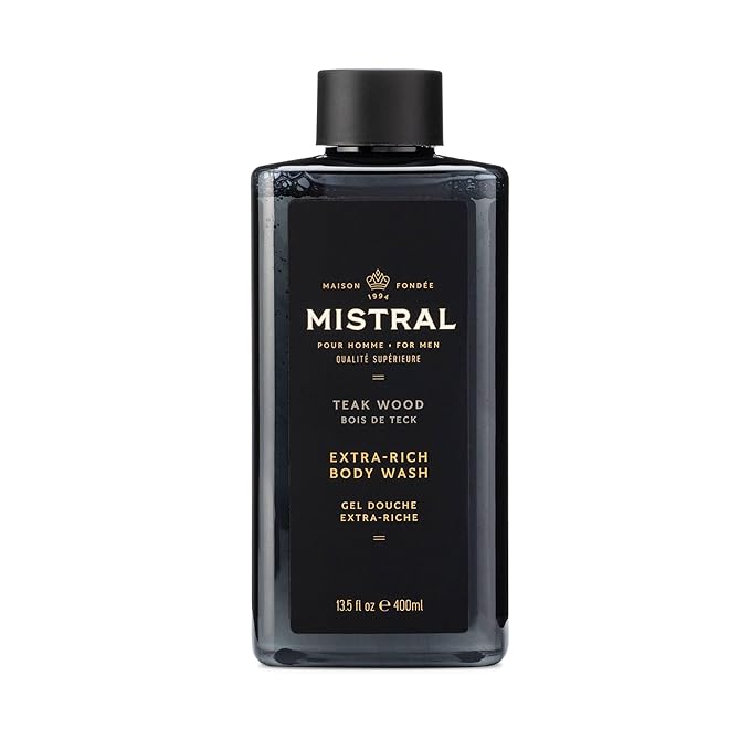 Mistral Men's Body Wash &amp Shampoo Teakwood 13.5 oz | 2-in-1 Natural Shower Gel for Men | SLS Paraben &amp Phthalate Free | Natural Men’s Body Wash Moisturizing Bath Gel - Made in France