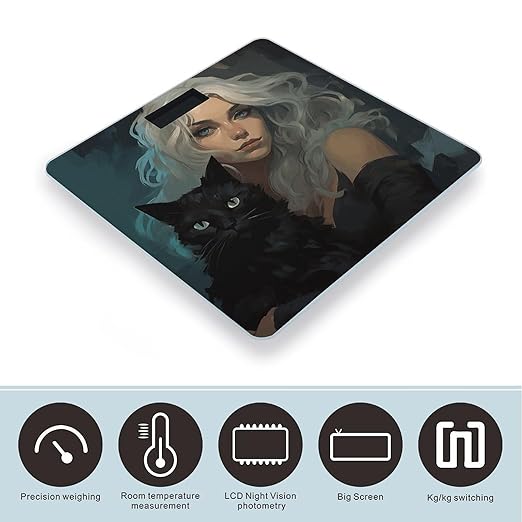 Woman Holding Black Cat Scale for Body Weight Digital Bathroom Scale Precision Smart Weighing Scales with Clear LED Display Accurate High Precision Scales Weighing Machine