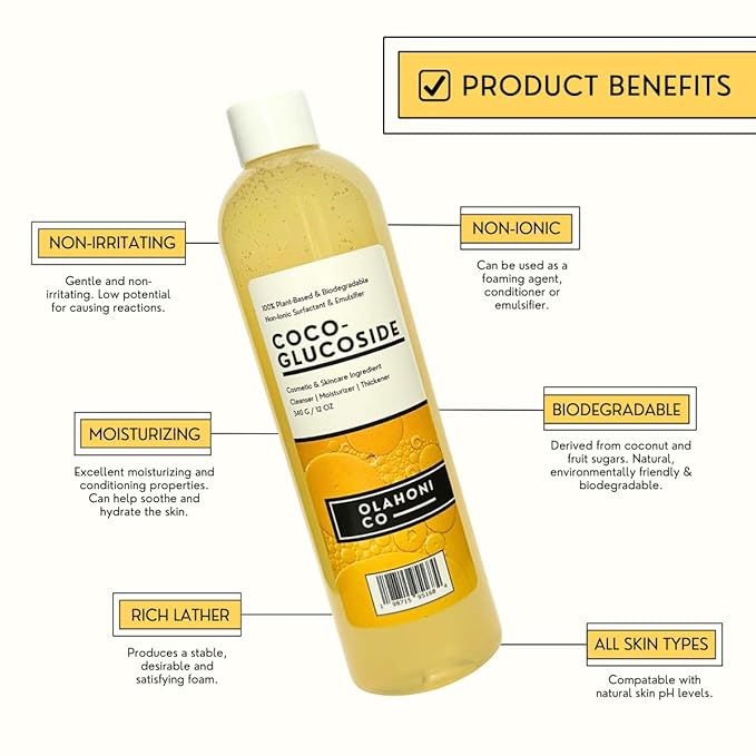 Coco-Glucoside Surfactant 12 Oz - Concentrated Natural Foaming Cleanser - Plant Derived - For Formulations and DIY Skin Care - For Shower Gels Body Soap Shampoos Face Cleansers