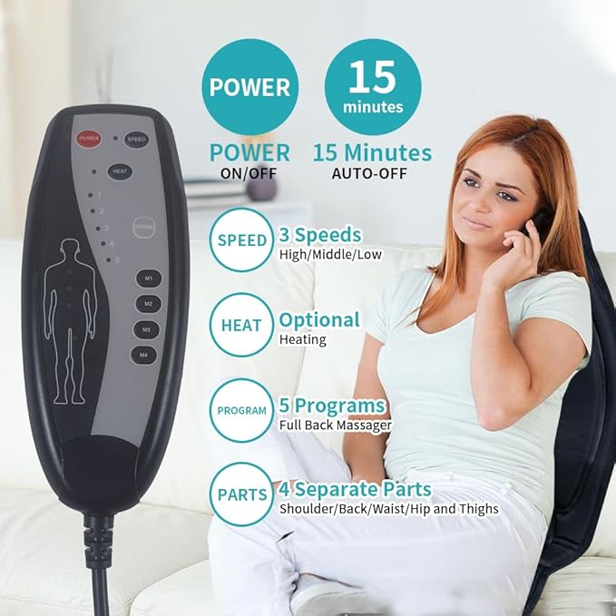 Heated Massage Seat Cushion with Remote Control 8 Vibration Motors Chair Back Massager Heat Therapy Black