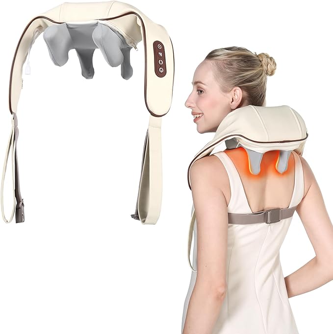 KppeX 4D Deep Cordless Tissue Kneading Neck Massage with Heating Function Shiatsu and Shoulder Massage PillowBack and Leg Pain Relief Gifts for Men or Women-Onion White