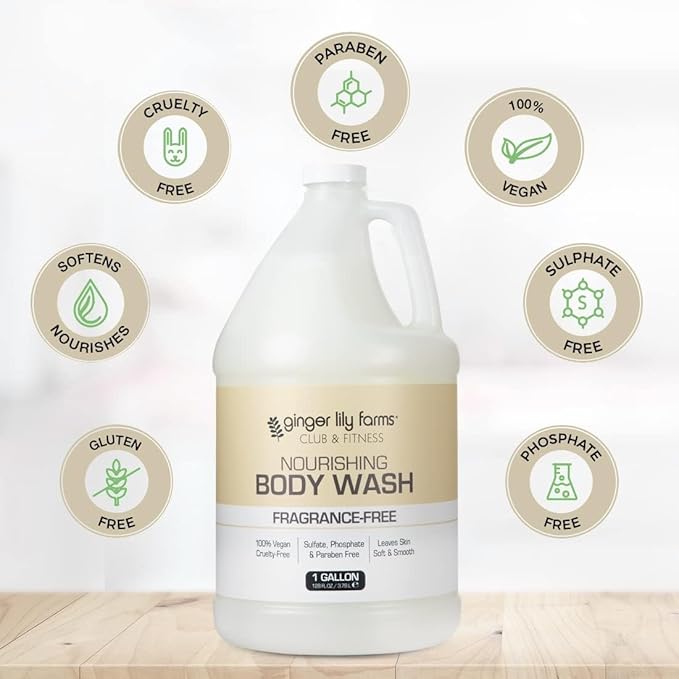 Ginger Lily Farms Club &amp Fitness Nourishing Body Wash 100% Vegan &amp Cruelty-Free Bath &amp Shower Gel for Men and Women Fragrance Free 1 Gallon (Pack of 4)