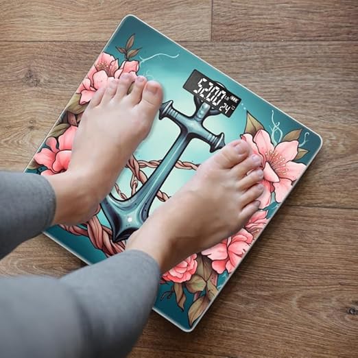 Digital Scale for Body Weight Highly Precision Bathroom Weight Scale 400 lbs with Backlit Display Personalized Scale for Home-Tattoo Design of Anchor Surrounded by Pink Flowers
