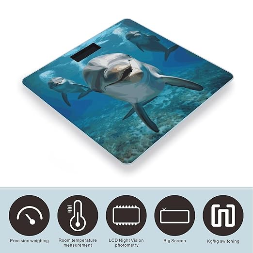 Funny Dolphin Looking at You Weight Scale Digital Electronic Scales Bathroom Scale Larg LCD Backlight Display High Precisio MeasurementsTempered Glass