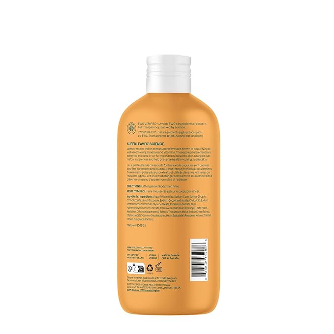 ATTITUDE Body Wash EWG Verified Shower Gel Dermatologically Tested Plant and Mineral-Based Vegan Personal Care Products Orange Blossom &amp Eucalyptus Scent 16 Fl Oz (Pack of 3)