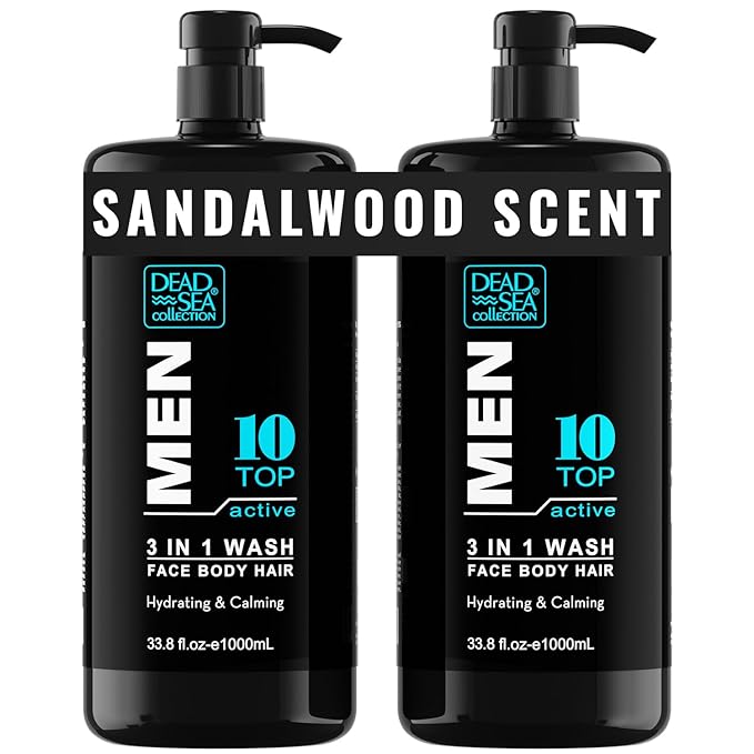 Dead Sea Collection Mens Body Wash TOP 10 ACTIVE – 3 in 1 Body Wash for Men for Hair Face &amp Body – Moisturizing Shower Gel with Dead Sea Minerals – Pack of 2 (33.8 fl oz each)