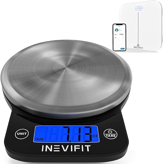 INEVIFIT Smart Bathroom Scale &amp Digital Kitchen Scale Fitness Bundle Complete Body Composition and Nutrition Tracking Solution with Batteries Included