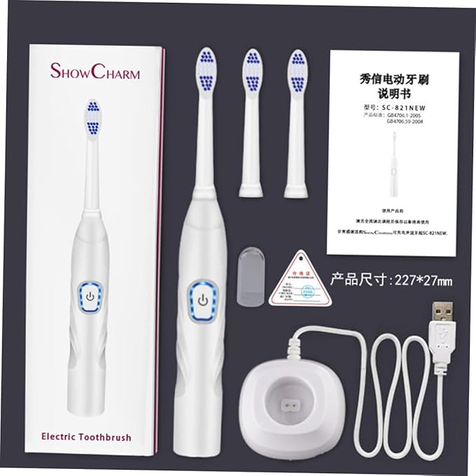 Ciieeo Electric Toothbrush USB Charging Vibration Sonic Toothbrush with Soft Bristles Waterproof for Home Use White