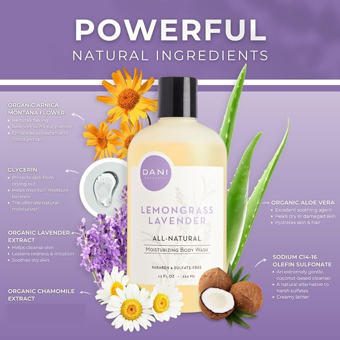 DANI Naturals Moisturizing Body Wash - Calming Lemongrass Lavender Scent with Organic Aloe Vera &amp Natural Glycerin - Paraben Sulfate &amp Phthalate-Free Shower Gel - 12 oz Bottle Vegan &amp C