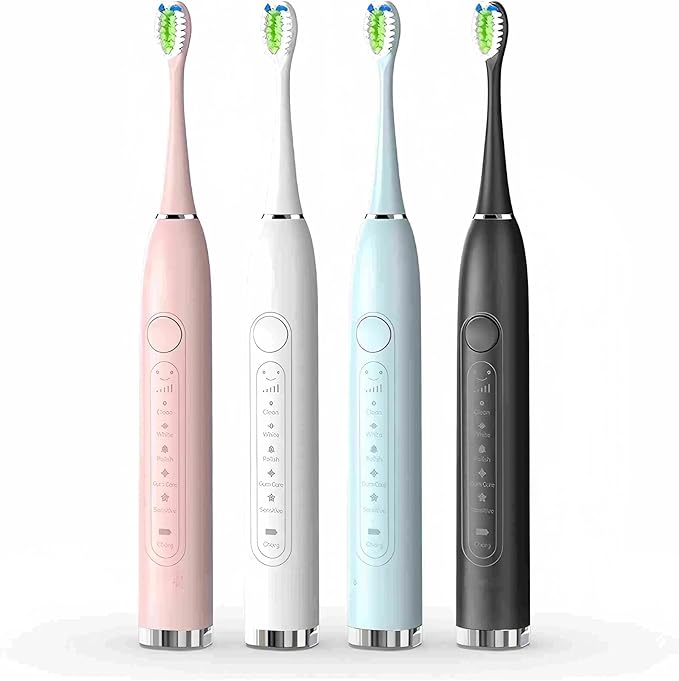 Electric Toothbrush for Adults with 2 Replacement Brush Heads Travel Bag 5 Cleaning Modes IPX7 Waterproof Rechargeable Smart Timer Black Whitening Power Toothbrush Set (Light Blue)