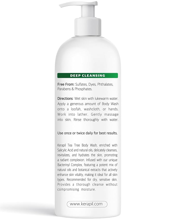Bacterinyl Tea Tree Oil Body Wash - Antibacterial &amp Antifungal Support for Ringworm Body Odors Athlete’s Foot &amp Acne Helps Soothe Itchy Dry Skin - Made in USA (16 fl oz x 2)
