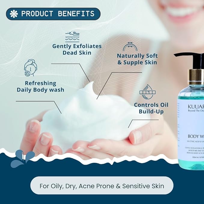 BEMT Body Wash with Sweet Almond Oil &amp Lactic Acid – Gentle Exfoliating Cleanser for Smoother-Looking Fresh-Feeling Skin – Suitable for All Skin Types – 200 ml