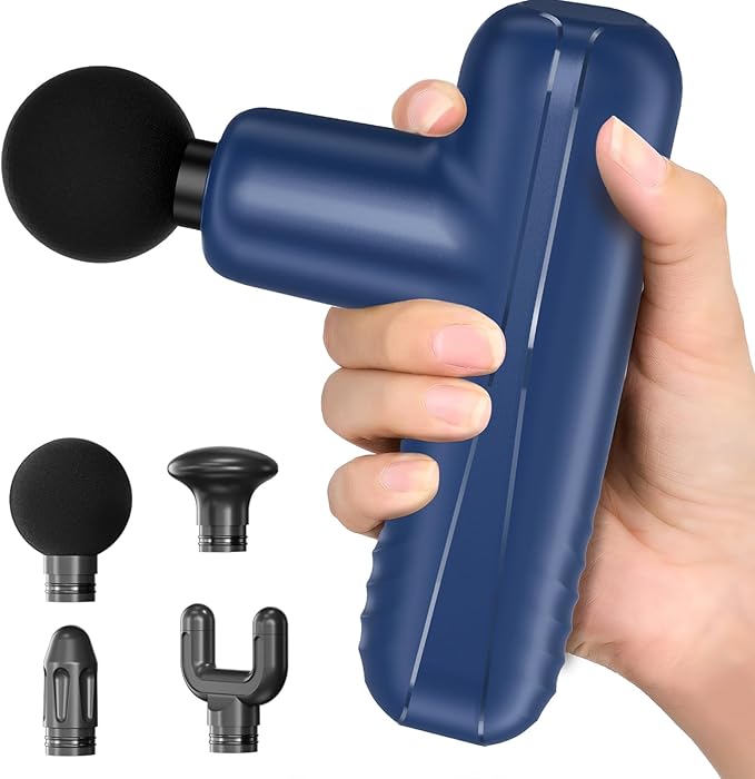 Mini Massage Gun Powerful Handheld Muscle Massager for Muscle Relaxation Deep Tissue Percussion Small Massage Gun Travel Massager with 4 Massage Heads Silent Brushless Motor Blue