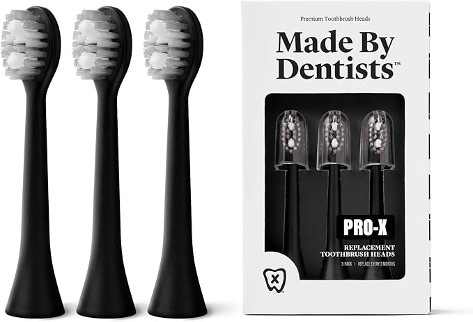 Made by Dentists PRO‑X Replacement Brush Heads – Compatible with PRO‑X Sonic Toothbrush (3 Pack) – Dentist‑Designed Deep Plaque Removal Soft Bristles Travel‑Ready Black