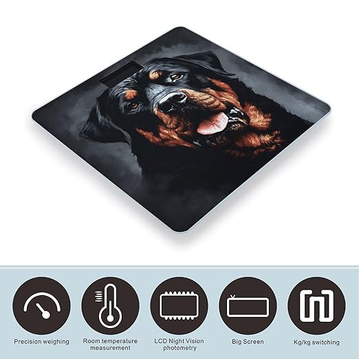 Cool Rottweiler Dog Art Scale for Body Weight Safe Rounded Corners Tempered Glass Digital Bathroom Scale LED Display 400lb Capacity Weight Scales with High Precision Sensors
