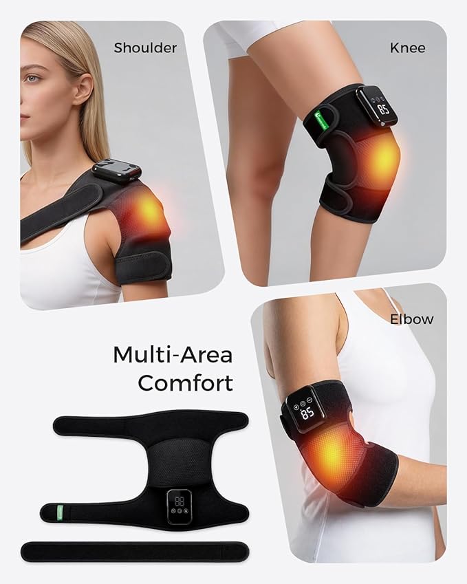 3-in-1 Knee Massager for Pain Relief with Heat Portable Heated Knee Brace with Extension Strap for Knee Elbow &amp Shoulder Cordless Rechargeable Electric Massagers for Joint Comfort (Pair)