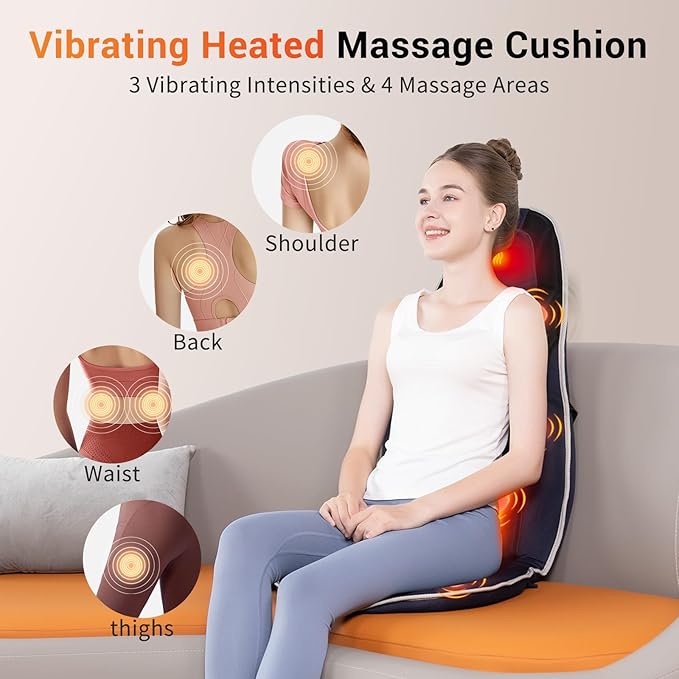 SLOTHMORE Back Massager with Heat Seat Massager for Full Back with 8 Vibrating Motors and 2 Heat Levels Massage Chair Pad with Lumbar Support Suitable for Office/Home/Gift