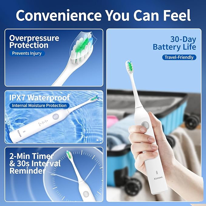 Sonic Vibrating Toothbrush with Pressure Sensor Rechargeable Tooth Brush with 8 Brush Heads 3 Modes 33000VPM 2-Min Timer One Charge Lasts for 30 Days 3D Rounded Soft Bristles IPX7 Waterproof