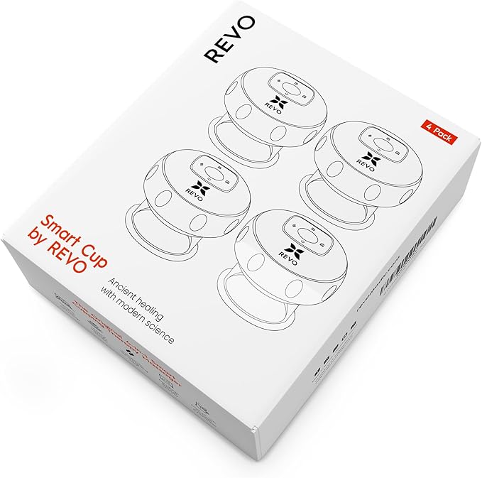 REVO The Original 4-in-1 Smart Cupping Therapy Massager Red Light Therapy for Targeted Pain Relief Knots Aches Muscle Soreness Circulation &amp Tighter Skin Portable Cupping Kit (Four Pack)