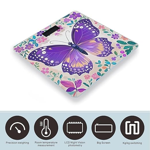 Cute Purple Butterfly Bathroom Scale for Body Weight with High Precision Large LCD Backlight Display Digital Weighing Scale with BMI Capacity Up to 180kg