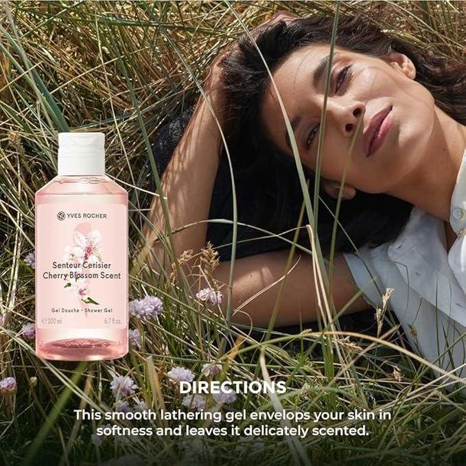 Yves Rocher Cherry Blossom Bloom Perfumed Shower Gel Nourishing Moisturizing Body - 200 ml./6.7 fl.oz. Set of 2 Best Gift Kit