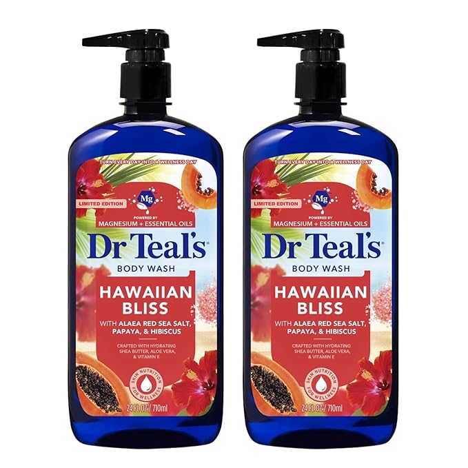Dr Teal's Hawaiian Bliss Body Wash with Alaea Red Sea Salt Papaya and Hibiscus Magnesium and Essential Oils 24 Fl Oz 2 Pack
