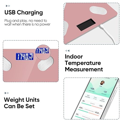 Digital Simple Bathroom Scale Home Practical Body Fat Scale with Led Display Body Composition Analyzer with Smartphone Application (Pink)
