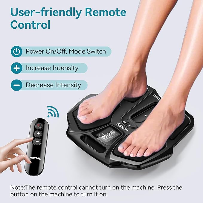 NURSAL EMS Foot Massager for Neuropathy Electric Muscle Stimulator for Feet &amp Legs Circulation TENS Unit for Feet with 6 Reusable Pads Wireless Remote with 90 Adjustable Intensity Levels