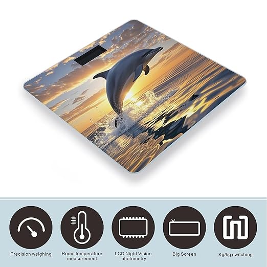 Dolphins Jumping Out of The Water at Sunset Bathroom Scale for Body Weight Bathroom Weighing Scales with Back Lit LED Display Sturdy Tempered Glass Body Weight Bathroom Scale 400lb Weighing