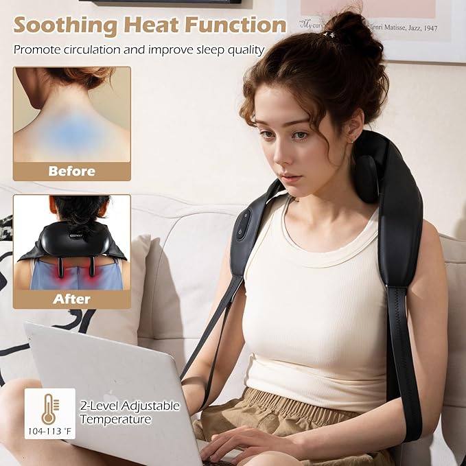 COSTWAY Neck Shoulder Massager 4D Deep Tissue Kneading Shiatsu Machine with 2 Heat Levels for Pain Relief Portable Cordless Neck Back Leg Massager Pillow Gift for Family Women Men Black
