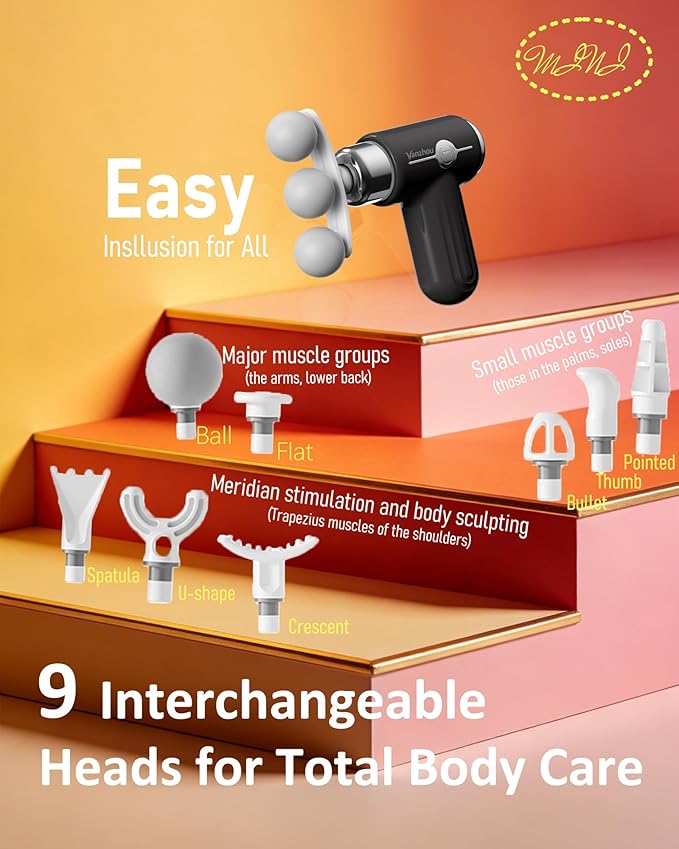 Mini Massage Gun Deep Tissue Portable Handheld Massage Gun for Muscle Recovery Quiet Percussion Massager with 9 Heads USB-C Rechargeable Massage Gun for Travel Gym &amp Office Matte Black