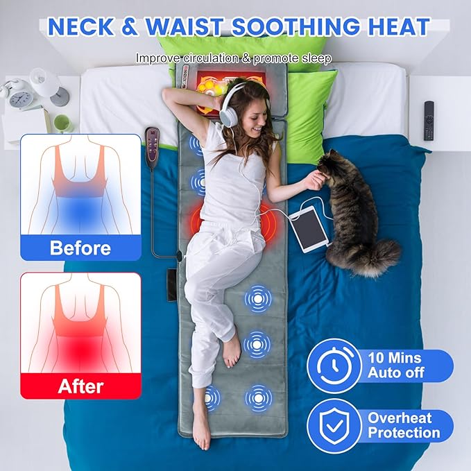 Full Body Massage Mat with HeatMassage Mattress with Shiatsu Neck Massager &amp Movable Neck Back Massager Pillow10 Vibrating Motors9 Massaging Modes &amp Timer for Back Leg Pain Relief