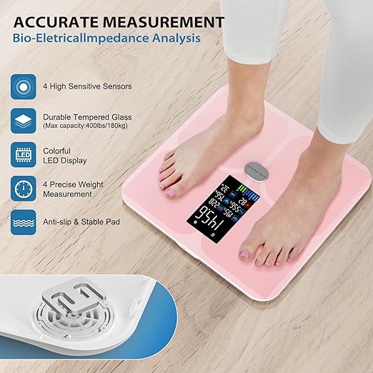 ABLEGRID Digital Smart Bathroom Scale for Body Weight and Fat Percentage and Smart Body Tape Measure Rechargeable with Fitdays APP