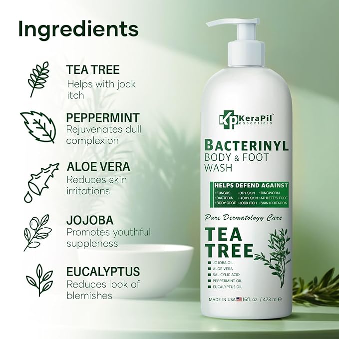 Bacterinyl Tea Tree Oil Body Wash - Antibacterial &amp Antifungal Support for Ringworm Body Odors Athlete’s Foot &amp Acne Helps Soothe Itchy Dry Skin - Made in USA (16 fl oz x 2)