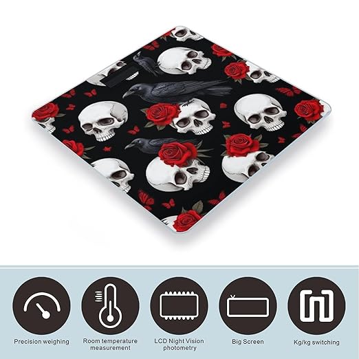 Digital Bathroom Weighing Scale Energy Saving Scale Smart Scale for Body Weight Gothic Raven Red Rose Flowers Skull Floral