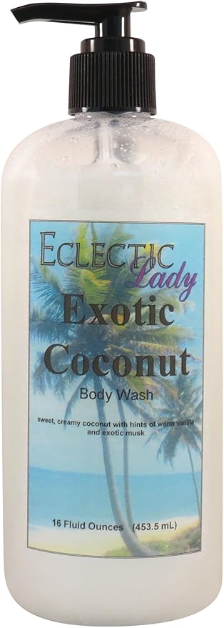 Eclectic Lady Liquid Pearl Body Wash - Exotic Coconut Scent 3-in-1 Use For Bubble Bath Hand Soap &amp Body Wash Phthalate-Free Exotic Coconut Fragrance Handcrafted in USA (16 oz)