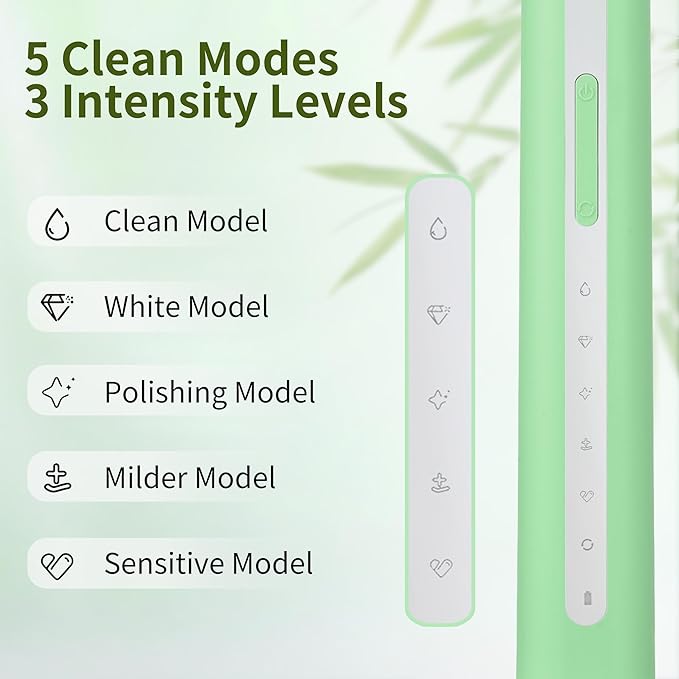Bamboo Electric Toothbrush丨Rechargeable Electric Toothbrush with 4 Bamboo Heads Soft Castor Oil Bristles5 Moedes&amp3 Intensities 45 Days Battery Life IPX7 Waterproof-Light Green