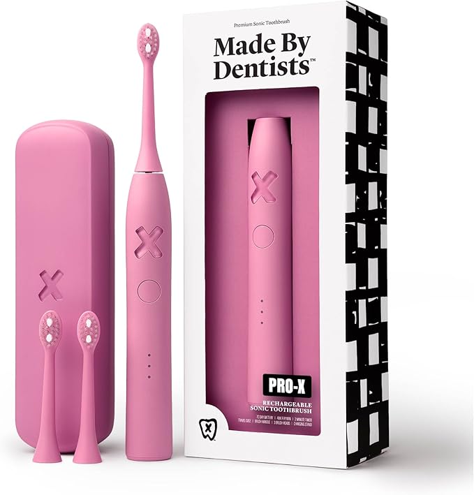 Made by Dentists PRO‑X Sonic Electric Toothbrush for Adults – Dentist‑Designed Whitening Rechargeable Toothbrush 9 x More Plaque Removal 70 Day Battery 3 Modes Travel Case &amp Extra Heads Pink