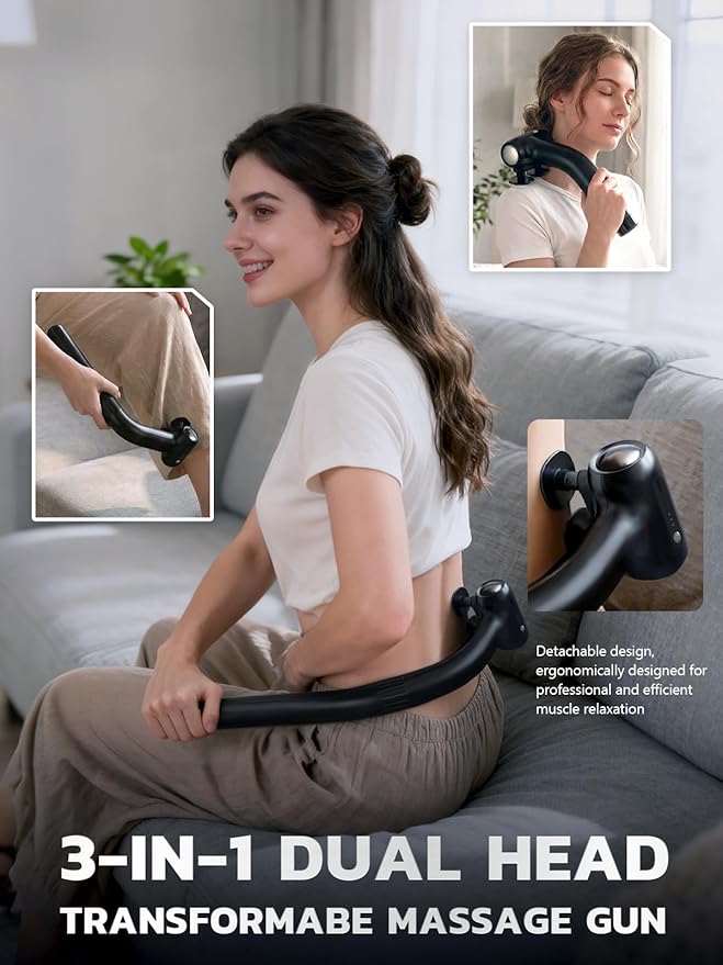 Dual Head Detachable Percussion Massage Gun with Extension Handle 3-in-1 Back Massager for Pain Relief Deep Tissue with 12 Massage Heads Muscle Massager for Arm Shoulder Lower Back Thigh Waist