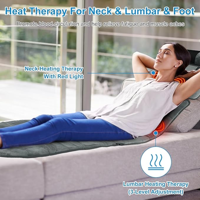 KOCASO Full Body Massage Mat with Heat - 10 Vibration Motors &amp 9 Modes Electric Neck Massager with with ith Neck Back Massager Lumbar Pillow Timer Anti-Slip Bottom Back Massage Mattress Chair Pad