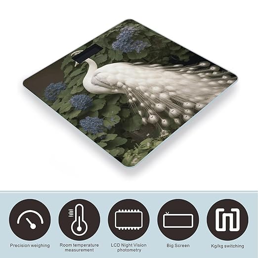 White Peacock Scale with LCD Precision Weighing Scales Sturdy Tempered Glass Weight Scales Easy-to-Read Anti-Slip Weight Digital Bathroom Scale for Daily