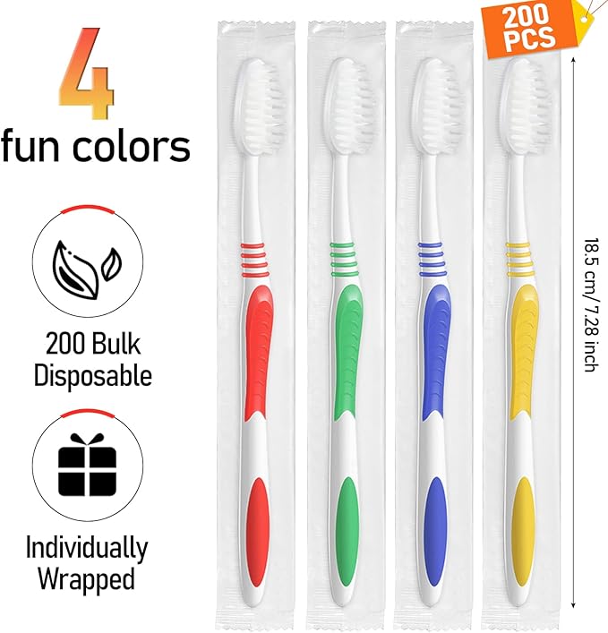 Honeydak 200 Packs Bulk Disposable Toothbrushes - Individually Wrapped Multicolor Soft Bristle Medium Manual Travel Toothbrushes for Hotel Toiletries(Classic)